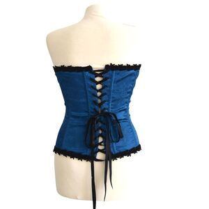 Frederick's of Hollywood Teal Blue Black Lace Trimmed Corset Lingerie 36